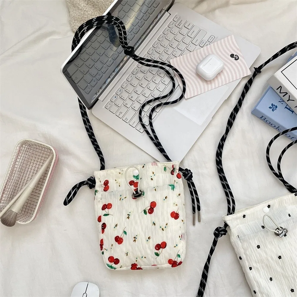 Minimalist Style Drawstring Canvas Crossbody Bag Lightweight Small Coin Purse Floral Print Shoulder Bag Women Girl