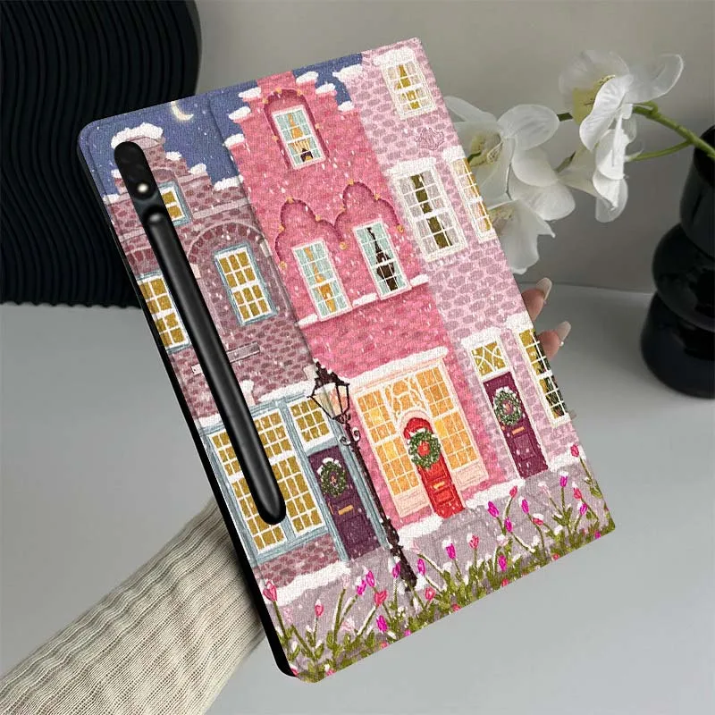 

Cartoon Snowy Street House Tablet Case For Samsung Galaxy Tab S7 S8 S9 S10 FE Lite Gift