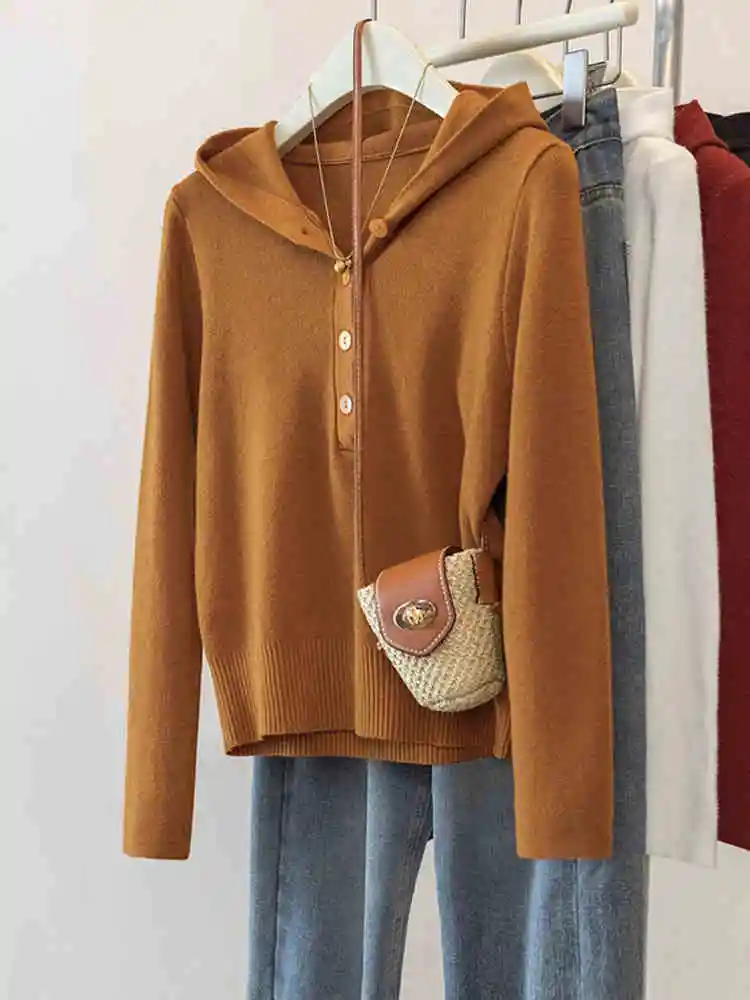 Vintage Red Hooded Sweater Women Spring/Autumn New Half Open Collar Slim Short Knitted Hoodies Gentle Elegant Knitwear Tops