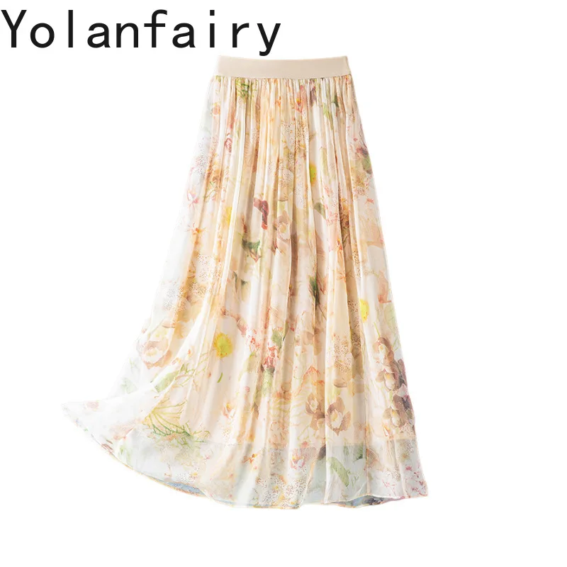 YOLANFAIRY Gentle Flower Printed Long Skirts for Women 100% Real Mulberry Silk Skirt Woman Elastic Waist Elegant Beach Skirts