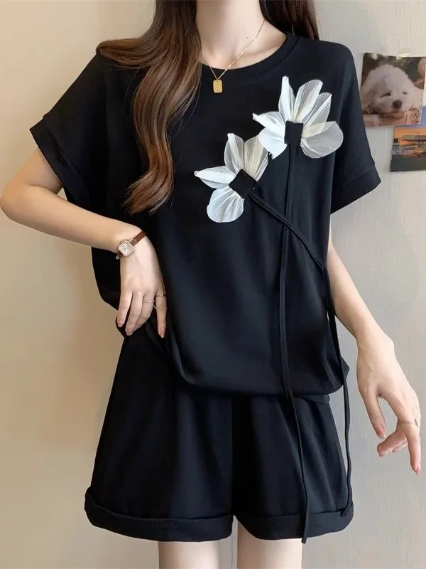 Summer Casual Short Sleeve Shorts Women's plus Size Fashionable Two-Piece Set Belly Cover Slimming Cool Sweet Style
