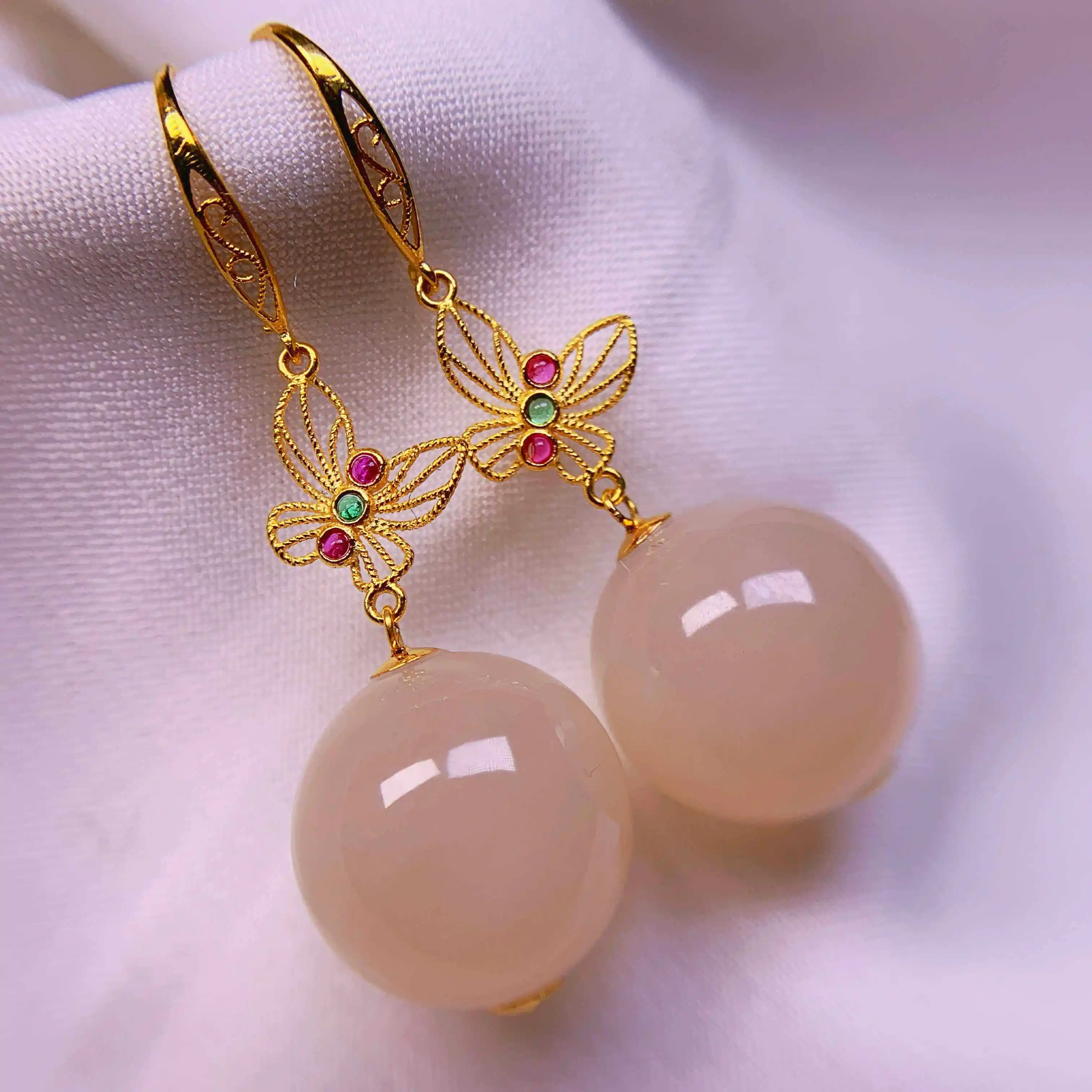 

Natural Hetian Jade Lotus Pink 18K Gold Butterfly Drop Earrings, 12mm Round Bead Gemstone
