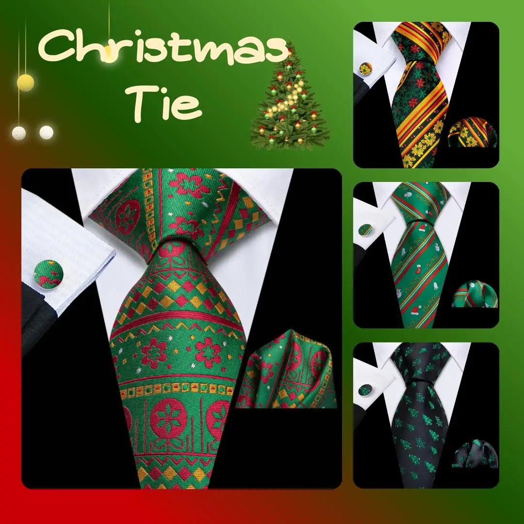 Christmas Green Tie Set 3 Pieces Men Necktie Pocket Square Cufflinks Xmas Wedding Party Suit Accessories Gifts for Dad Boyfriend