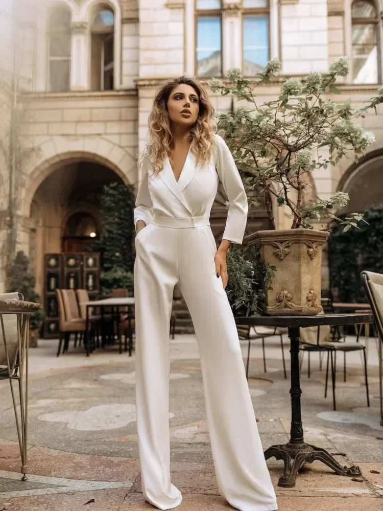 2025 Spring  Jumpsuit Women Mid Waist Elegant Commuting Long Sleeve Suit Overalls Wide Leg Pant Casual Solid Waist Jumpsuit