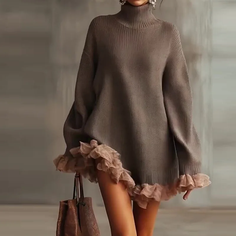 

2026 New Women Oversized Turtleneck Sweater Dress, Long Sleeve Ruffle Hem Knit Mini Dress for Fall Winter