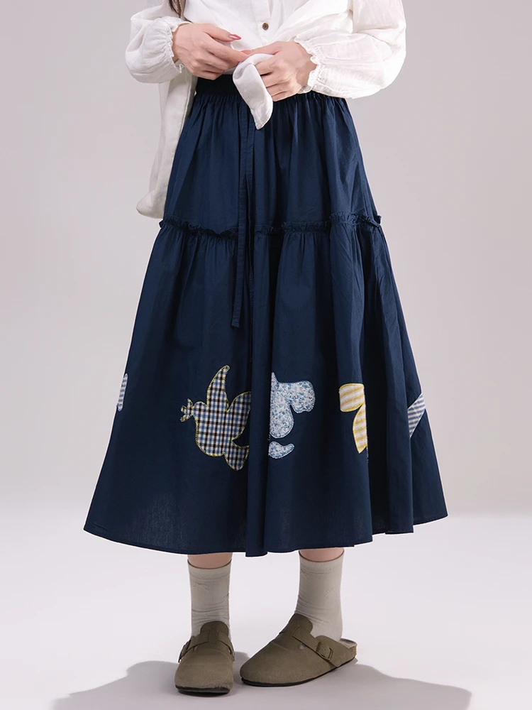 Artisanal Heavy Embellished A-Line  Skirt in Dark Blue with Patchwork And Wood Grain Edges for Women Autumn Season