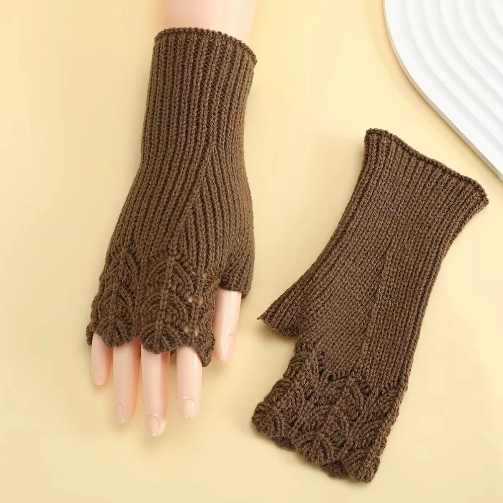 All-Match Vintage Knitted Gloves Hollow Out Half Finger Fingerless Gloves Warm Touch Screen Winter Wool Gloves Outdoor