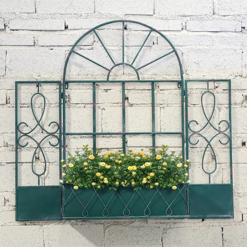 Outer single outdoor balcony false window wrought iron flower stand terrace courtyard wall-mounted flower pot frame window wall