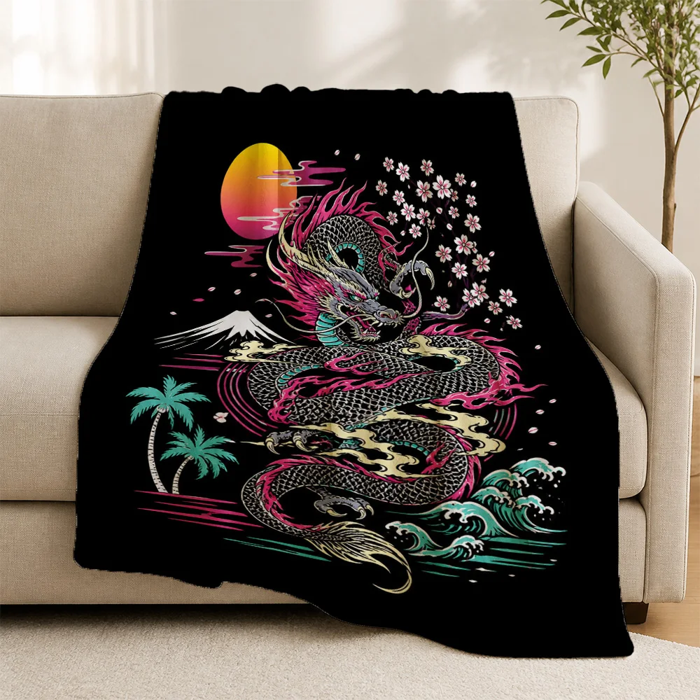 Vibrant Dragon Print Throw Blanket for Sofa Couch Decorative Asian Art Tropical Style Mythical Beast Living Room Decor Gift