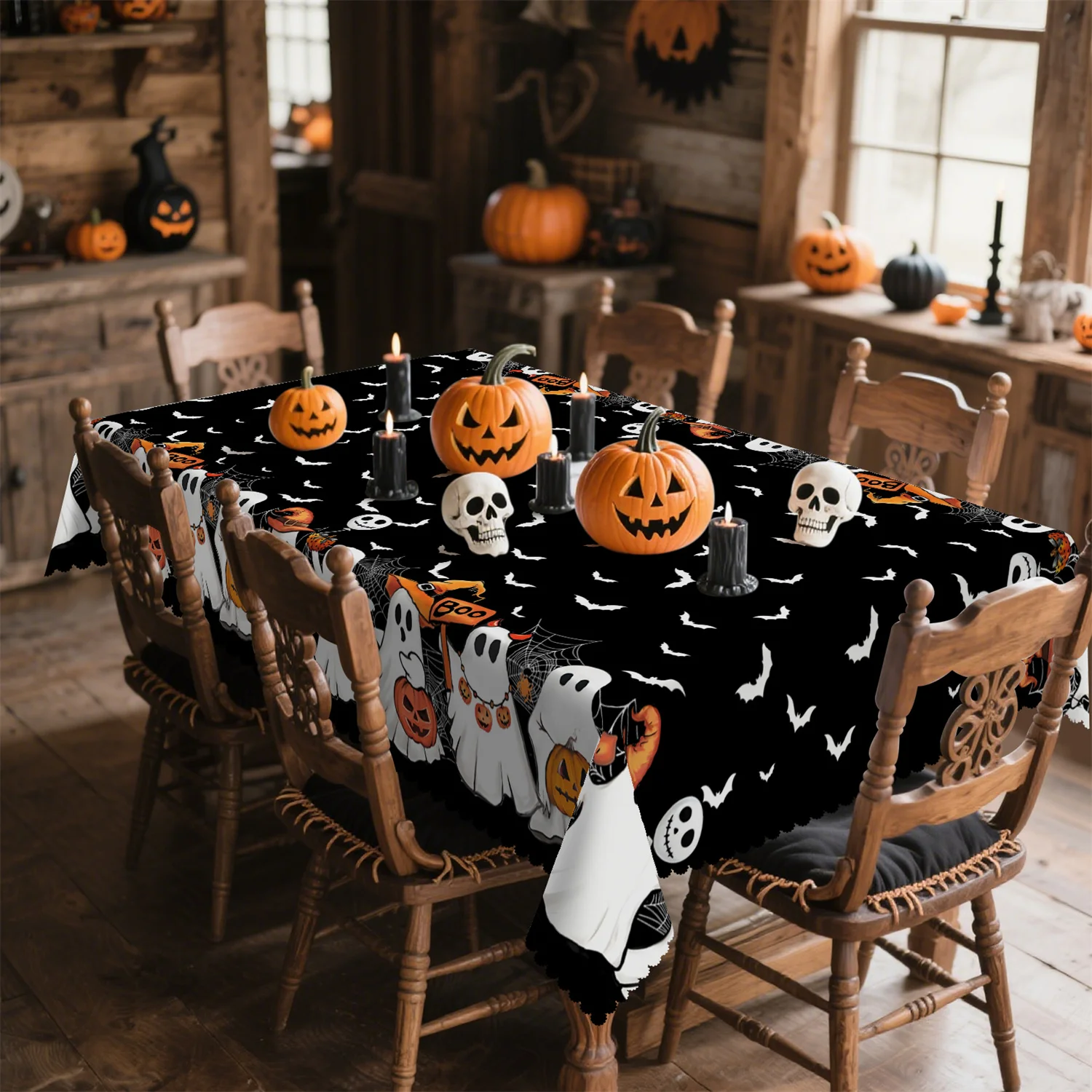 Pumpkin lantern, ghostly wizard hat, spider web, Halloween tablecloth - 1 pack, suitable for indoor usezyc