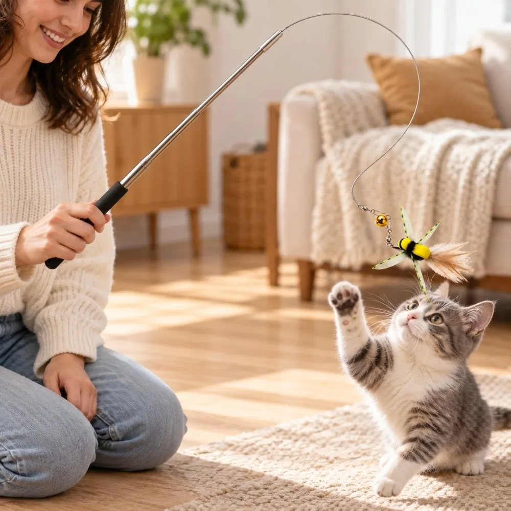Compact Stainless Steel Cat Teaser Wand with Steel Wire Rope Retractable Telescopic Cat Wand Replaceable Head Interactive Cat