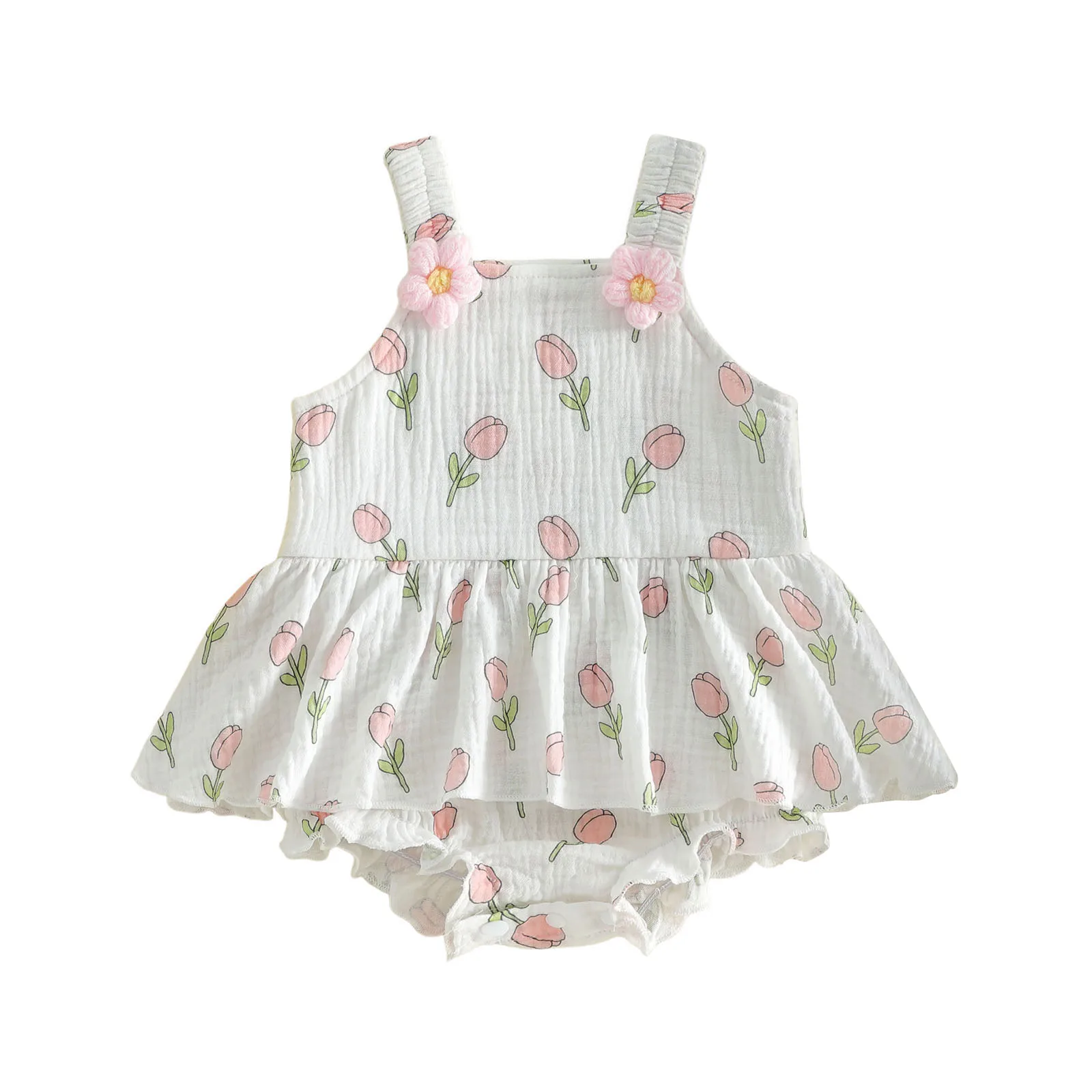 Baby Girl Summer Romper Dress Adorable Flower Print Sleeveless Square Neck Bodysuit