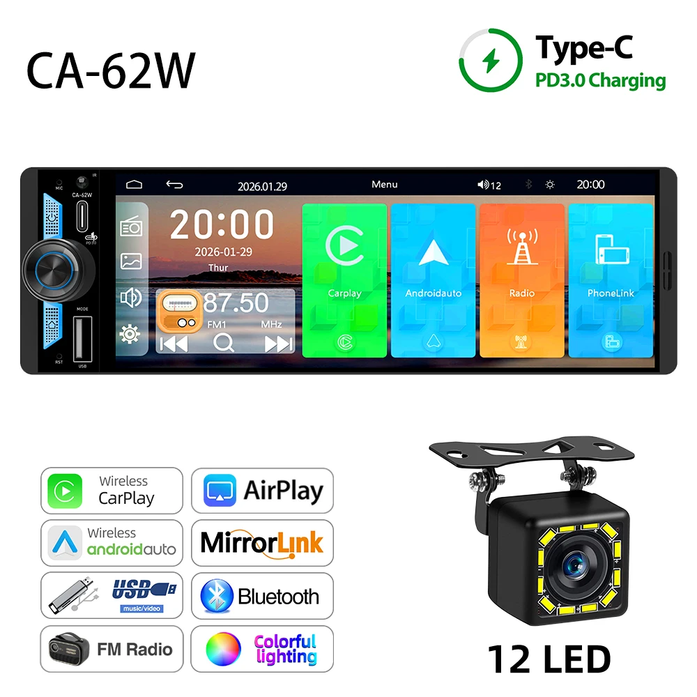 TFT-scherm 6,5 inch 1Din draadloze Carplay Android Auto autoradio MP5-speler Stereo Bluetooth FM AM RDS DSP Type-C PD3.0 Charge