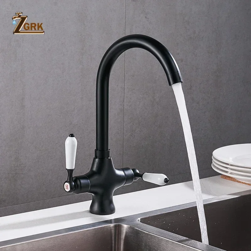 Kitchen Faucets Matte Black Dual Handle Kitchen Tap Single Hole 360 Rotation Water Mixer Tap Chrome White Sink Tap