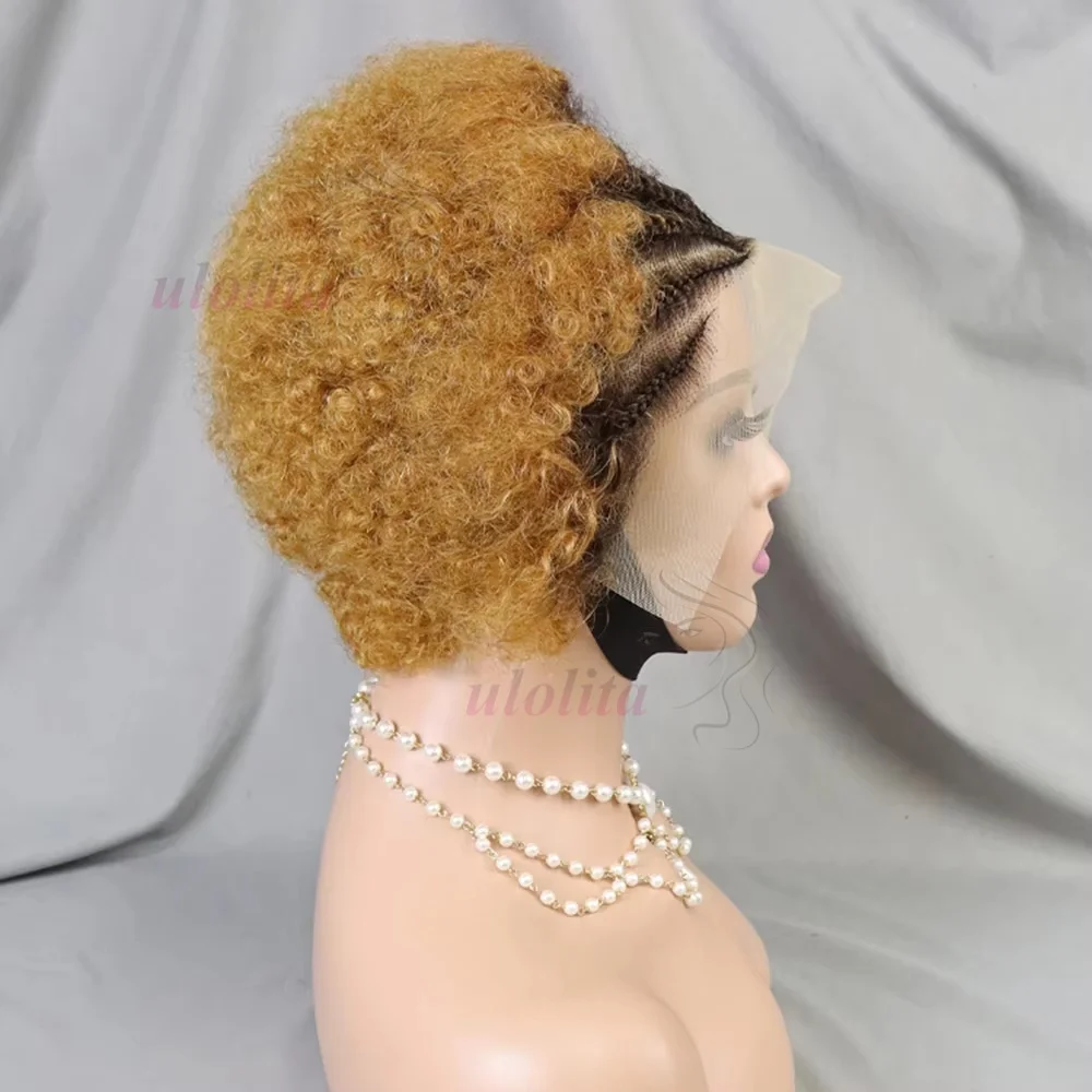 Highlight Ombre Geflochtene Perücken Echthaar Afro Puff Lace Frontal Haarperücken Afro Kinky Curly Echthaar 13x4 Lace Front Vorgeflochten – Detail 31