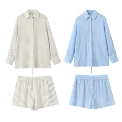 PB&ZA2024 Autumn New Women's Fashion Style Back Bow Decoration Striped Shirt Striped Shorts Two Piece Set