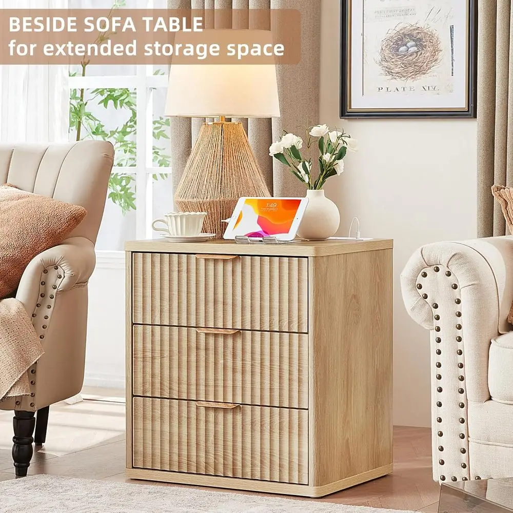 23 Wide Two-Piece Nightstand Set with Charging Station, 3 Drawers Large End Table, Natural Wood Bedroom Furniture