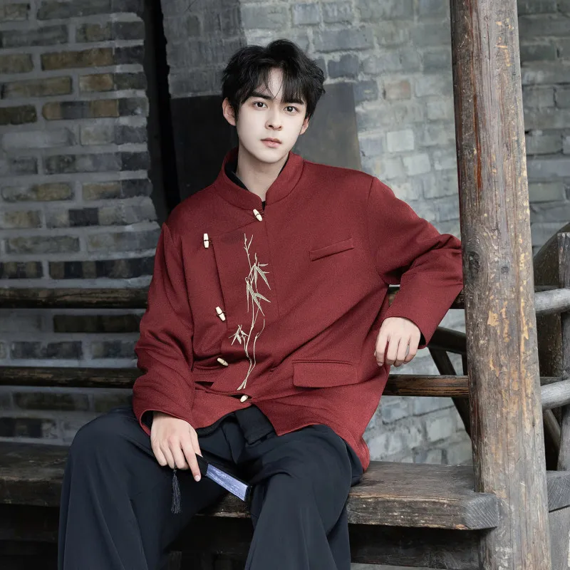 

Retro Chinese Sle Men's Jaet with Button Embroidery Gold Bamboo Design Stand Collar Red Coat Casual Western Top for Men