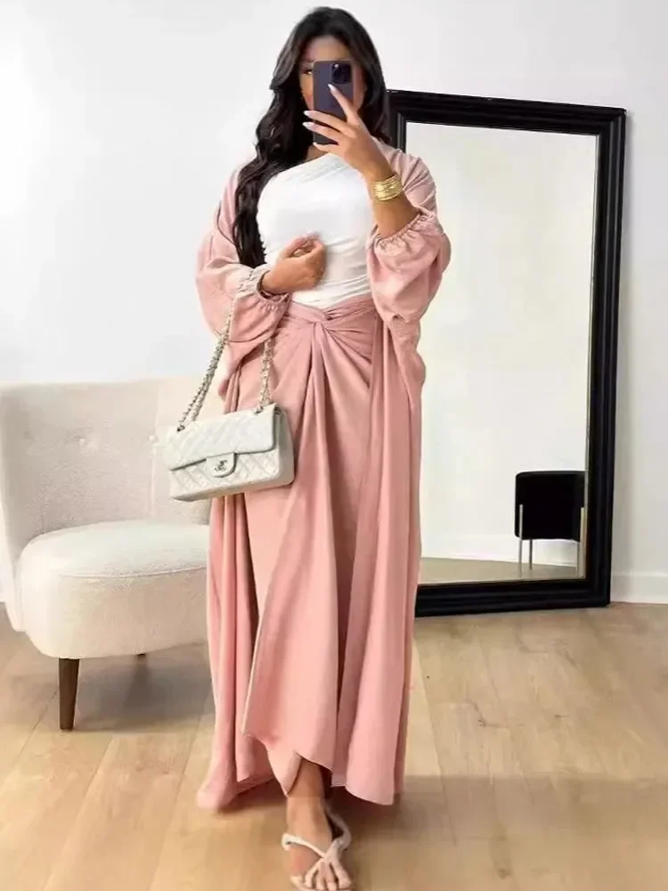 Autumn Winter Fashion Two Piece Set Muslim Women Elegant Solid Long Cardigan Twisted Skirt Two Piece Set Women