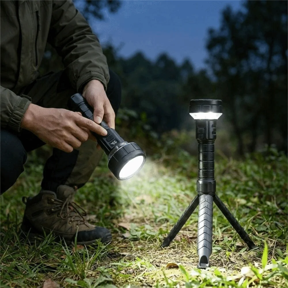 With Tripod Dual Side LED Flashlight Digital Display Side Light Rechargeable Camping Torch Long Range 10 Core