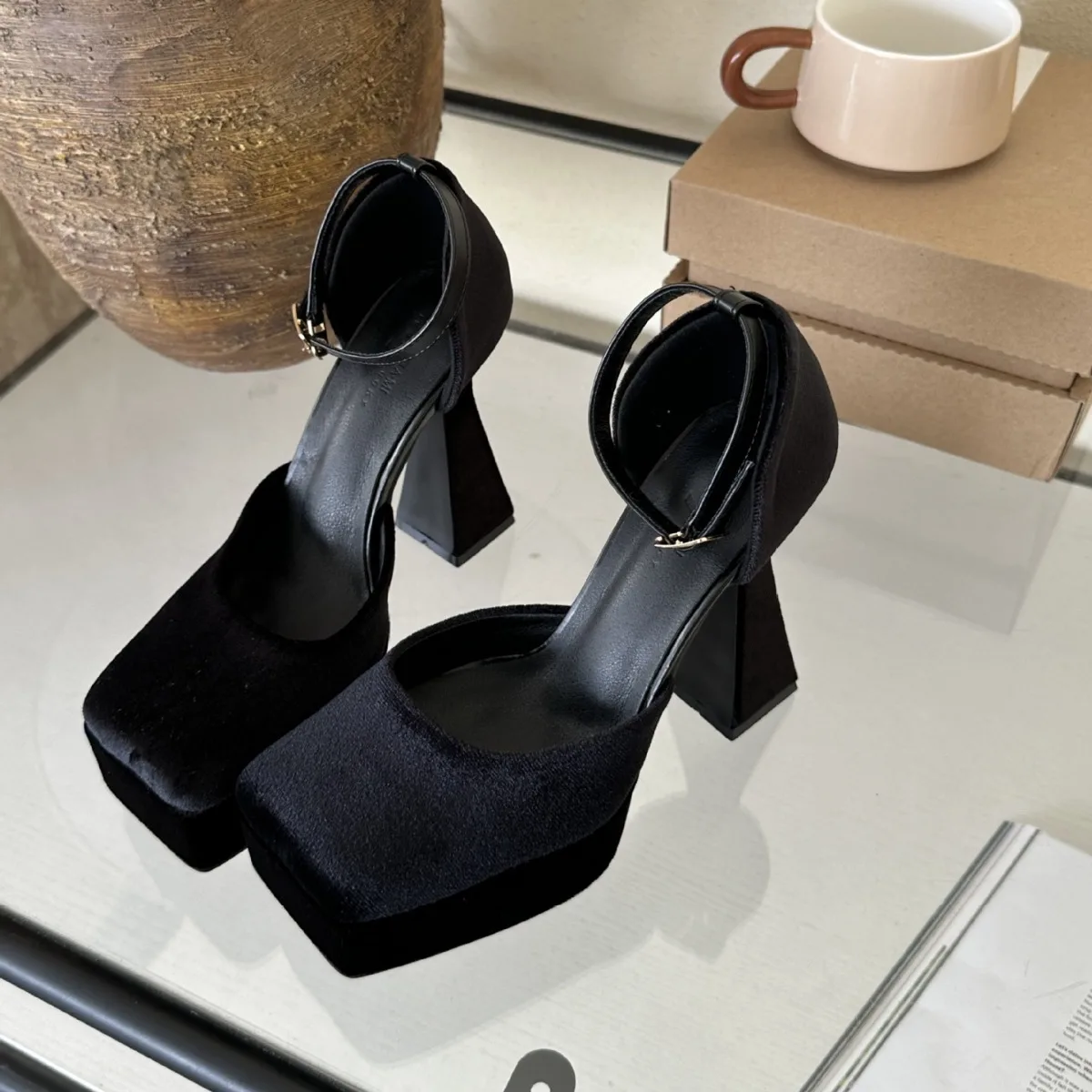 New Waterproof Platform Ultra High Heels Fashionable Women's Shoes Square Headed One Line with Side Air High Heels