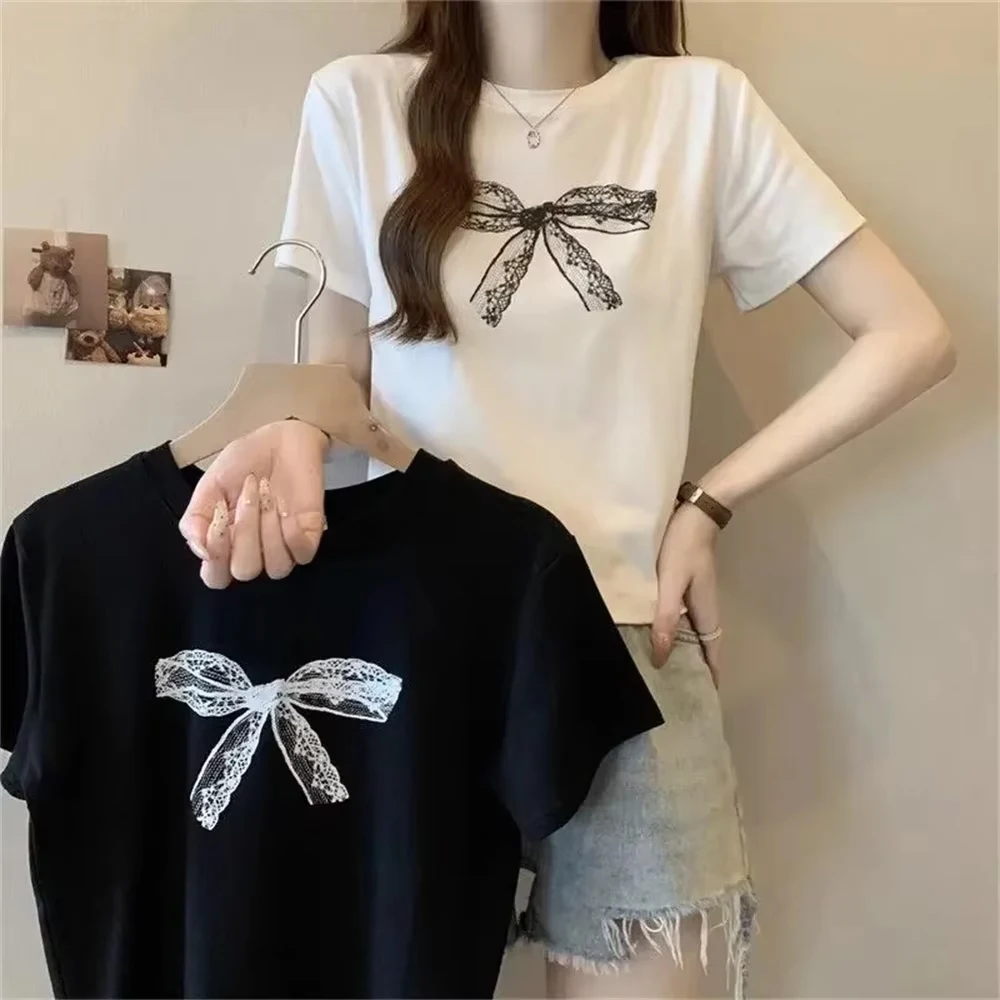 

Bow Design Pattern Printed Women T-shirt 2025 Summer White Short Sleeve T Shirt Female Harajuku Casual O-neck Unisex Clothes Top