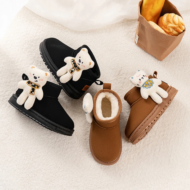 

Children Snow Boots with Cute Bears Kids Ankle Boots Versatile Fashion 2025 Winter New Boys Girls Warm Boots Thick Fur Non-slip
