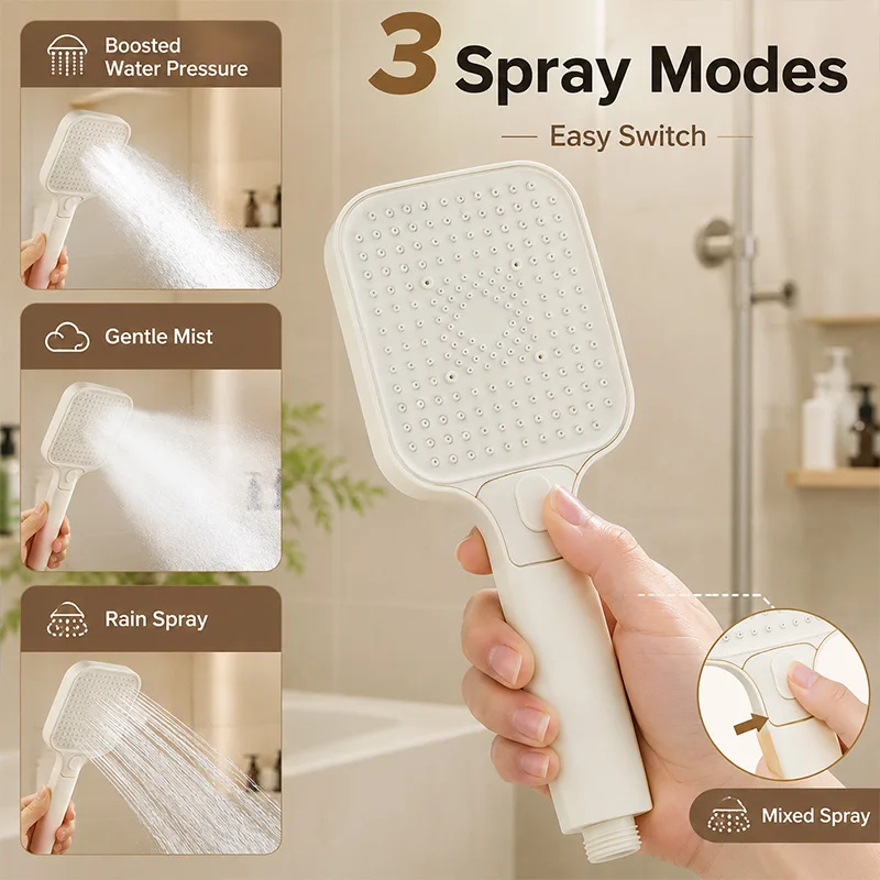 Matte Cream 3 Mode High Pressure Handheld Shower Head Water Saving Booster Mist Rain Jet Spray Nozzle Bathroom Accessory Home
