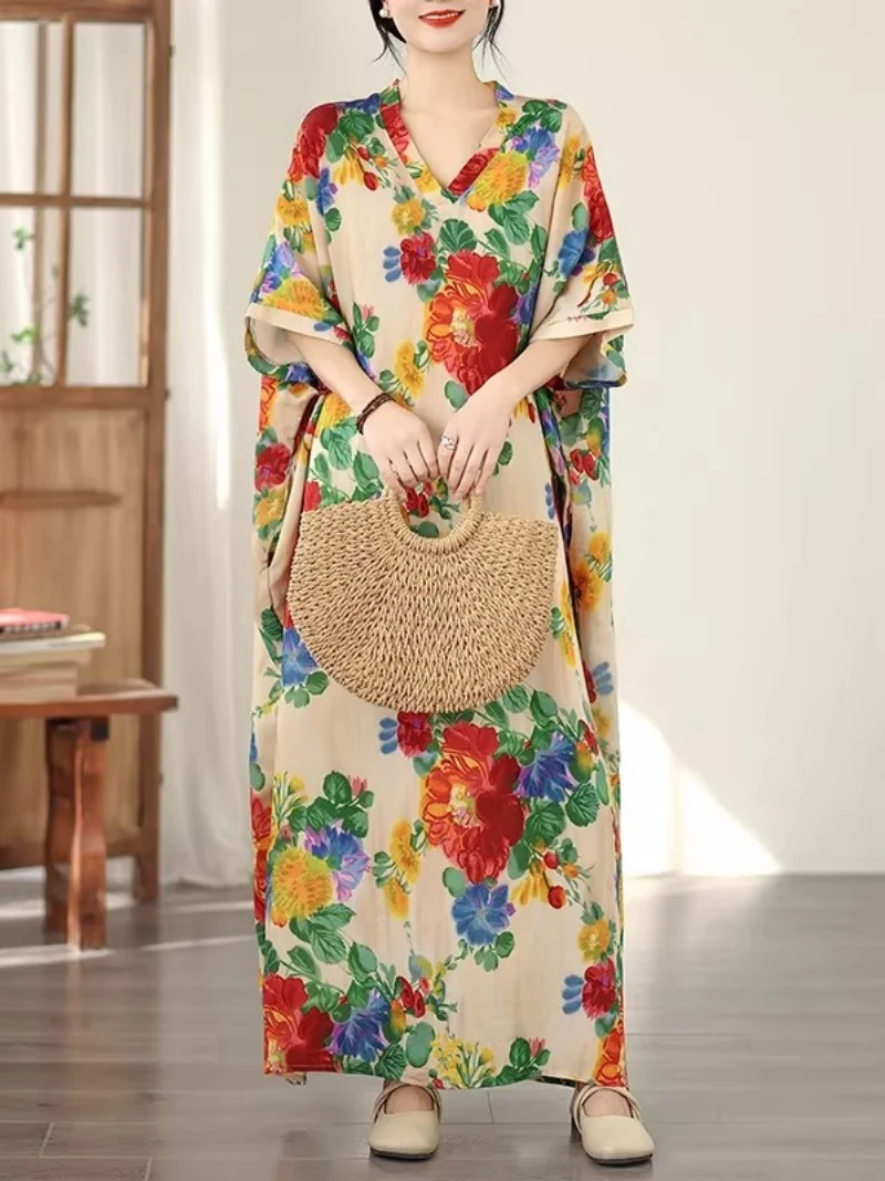 여성용 오버사이즈 루즈핏 드레스 |   면 린넨 브이넥 배트윙 슬리브 |   여름용 꽃무늬 비치 바캉스 드레스 w1885