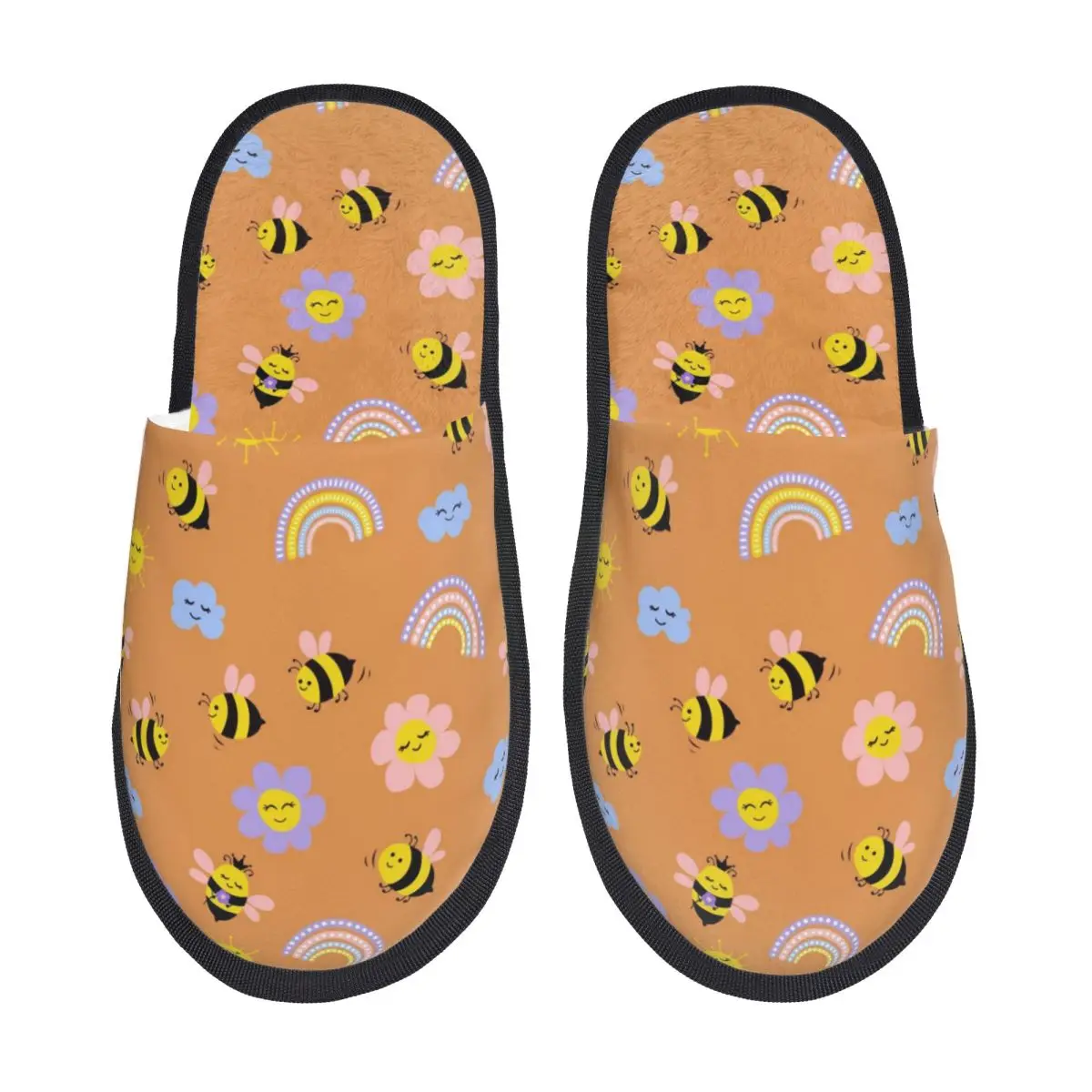 Custom Cute Bee Rainbow Pattern Soft Memory Foam House Slippers Women Comfy Warm Anti-skid Sole Slipper