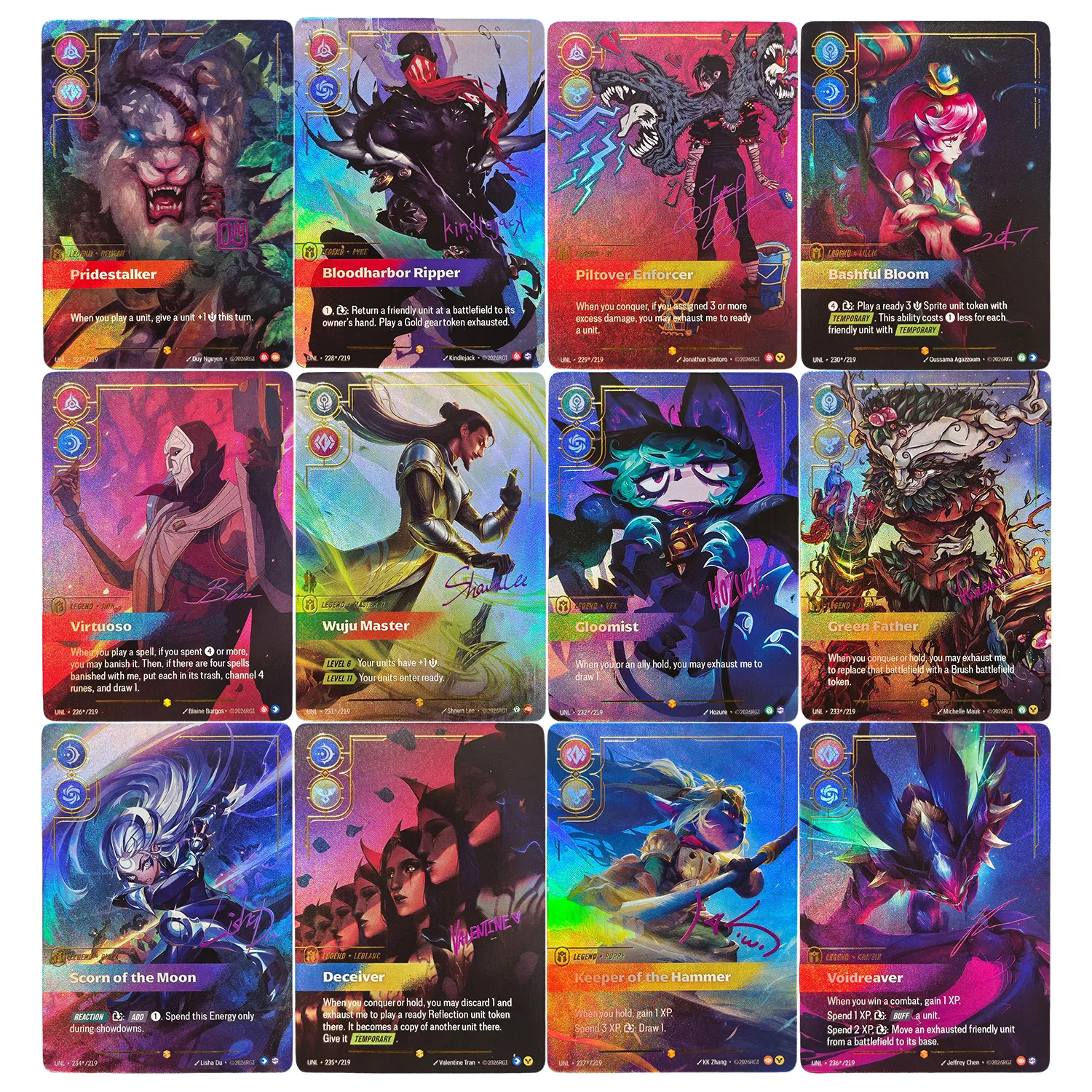Cartão de Jogo Proxy Riftbound League of Legends Unleashed UNL com personagens VI VEX, Jhin, Pyke, Father Diana, Lillia, Baron Nashor, Poppy