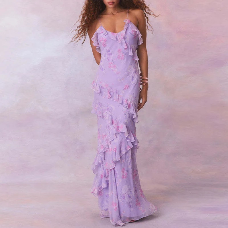 Boho Fashion Abiti lunghi slim con stampa floreale Primavera Scollo a V con volant Abito con cinturino per spaghetti Abiti maxi estivi vuoti senza schienale