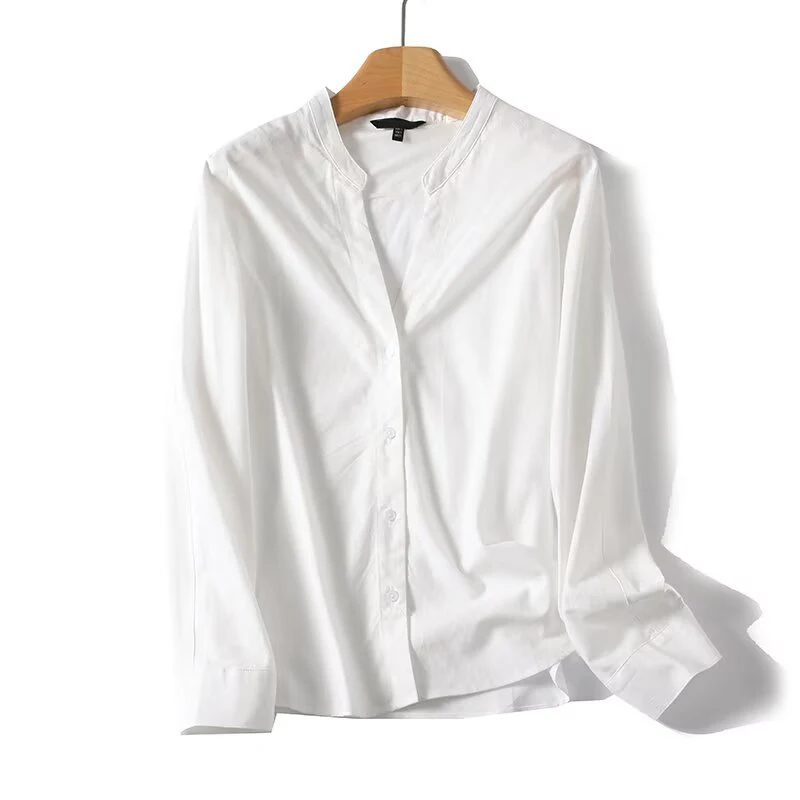 

2026 New Women's Long Sleeve V Neck Linen White Shirt Casual Office Basic Top