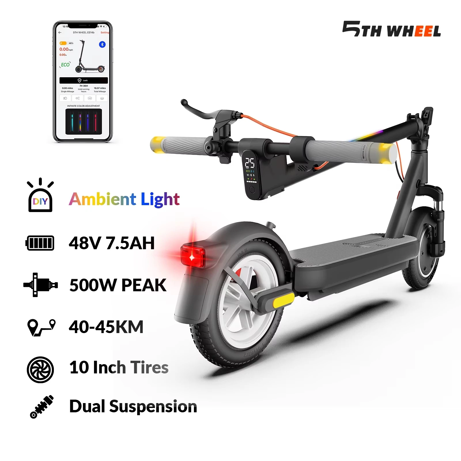 Image of 5TH WHEEL 400W E-Scooter mit bürstenlosem Motor, 10" Vollgummireifen mit Doppelfederung, 48V 7500mAh Akku, 45km Reichweite, 25km/h Höchstgeschwindigkeit, Ambiente-LED & Blinker, für Erwachsene Pendler