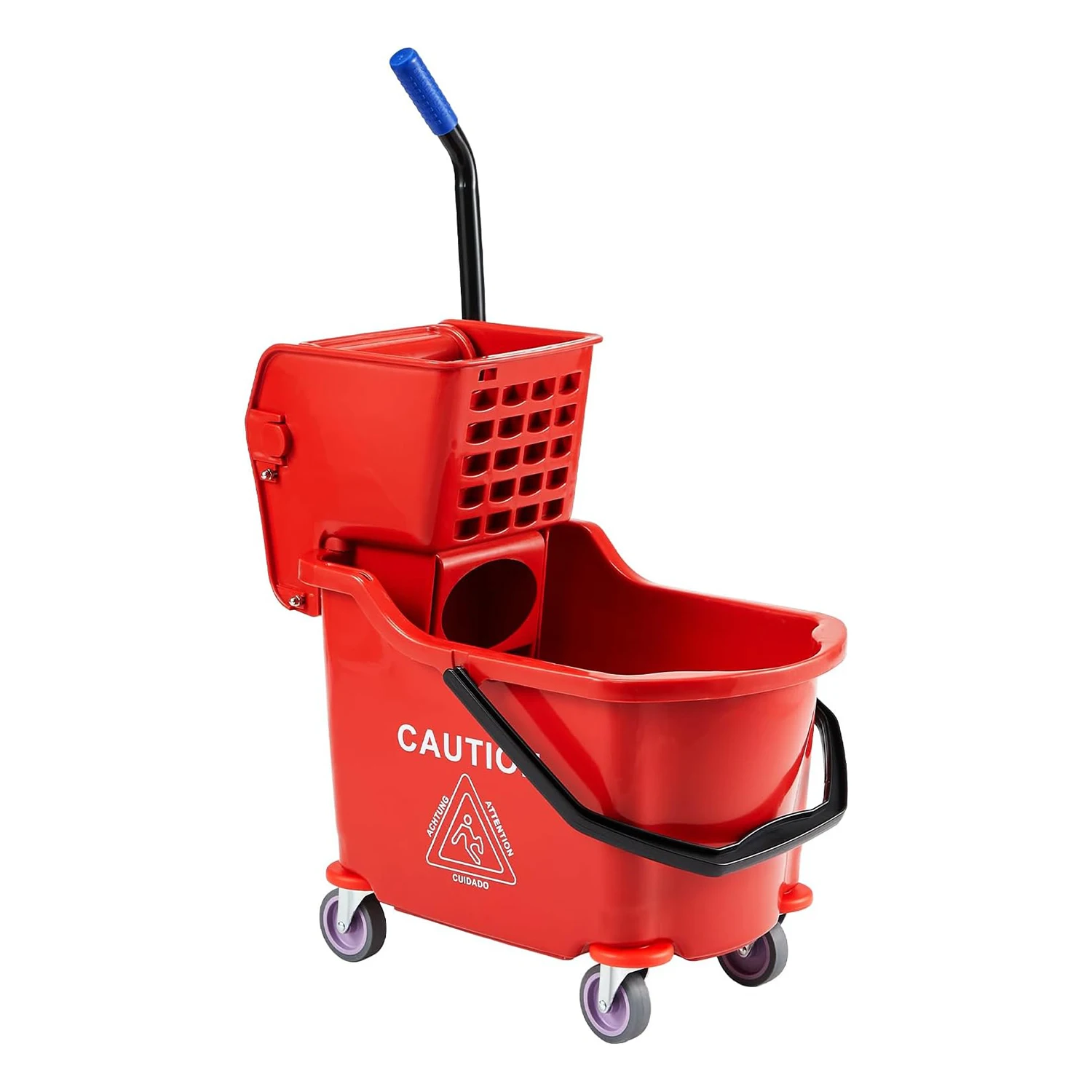 32L Edition Hand Pressure Mop Bucket with Side Press Wringer and Soiled Water, Portable Trolley on Wheels for Floor Cleaning