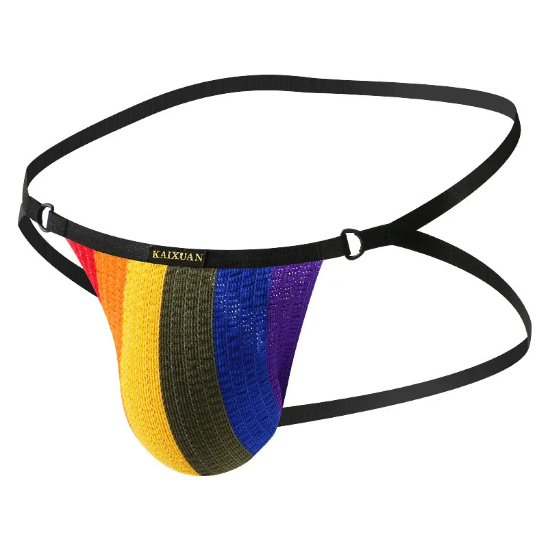 Men Rainbow Knitted Double Thong Low Rise Thin Strap INS Trendy European Style Sexy Male G-string Underwear