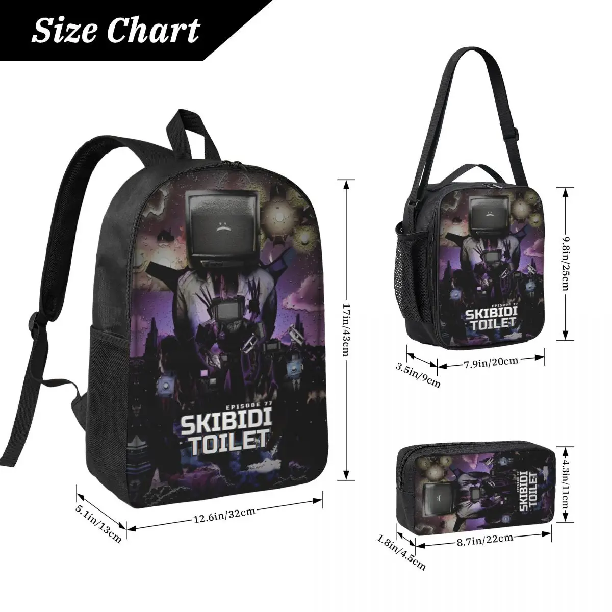 3Pcs Skibidis Toilets Theme Backpack Set for Boy Girl Pencil Boxes Bookbag Sets with Lunch Box For School Students Knapsack