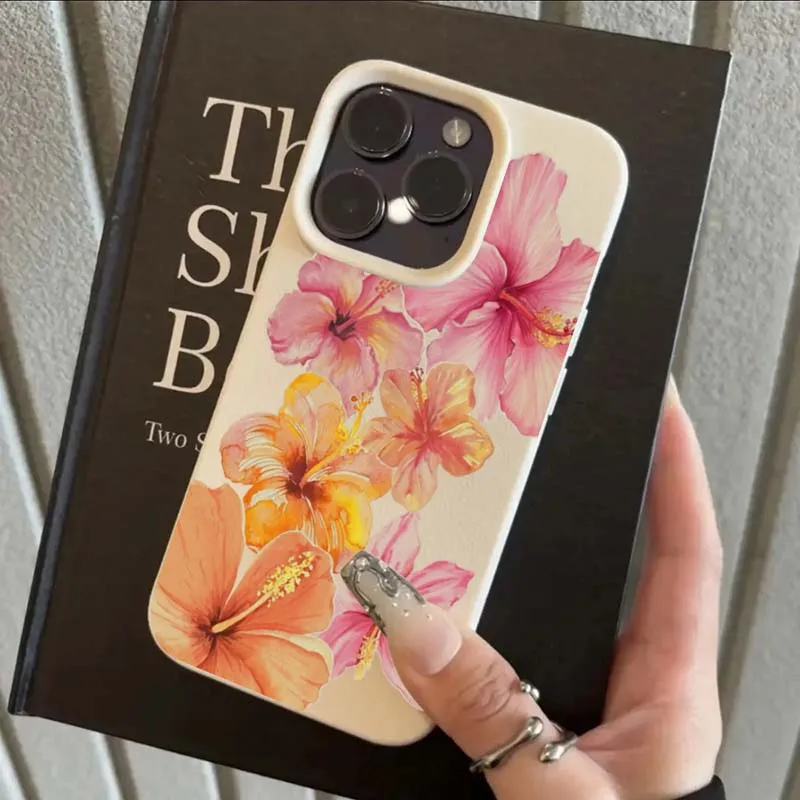 حافظة هاتف على شكل زهرة الكركديه المائية لهاتف آيفون 16e 16 15 14 13 12 11 Pro Max Plus X XR XSMax جلد صناعي ناعم من البولي يوريثان