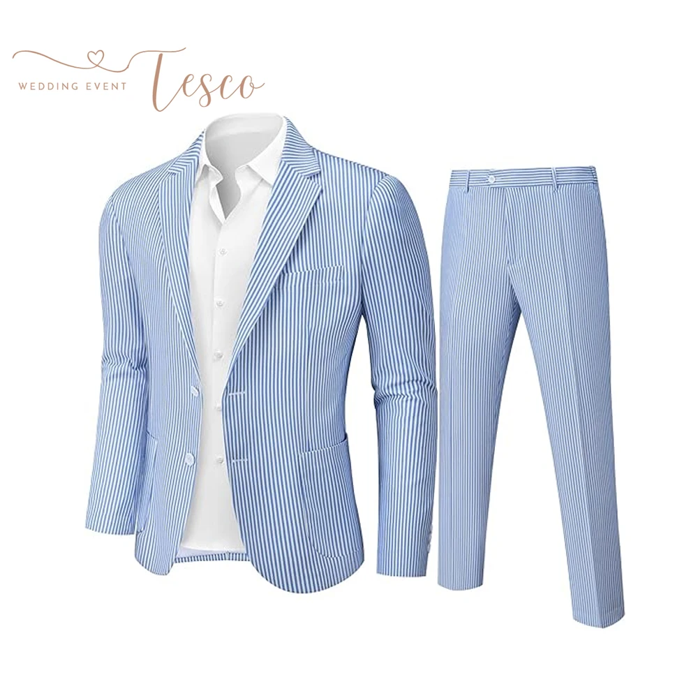 Tesco Men's 2 Piece Suit Slim Fit Striped Suit Lightweight Breathable Customized Suit Jacket and Pants Set for Beach Wedding