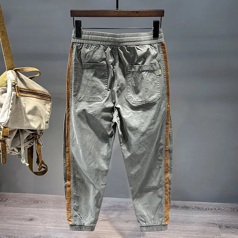 American Work Pants Men Spring and Autumn Handsome Tying Feet Casual Loose Splicing Contrasting Color Sports Trousers