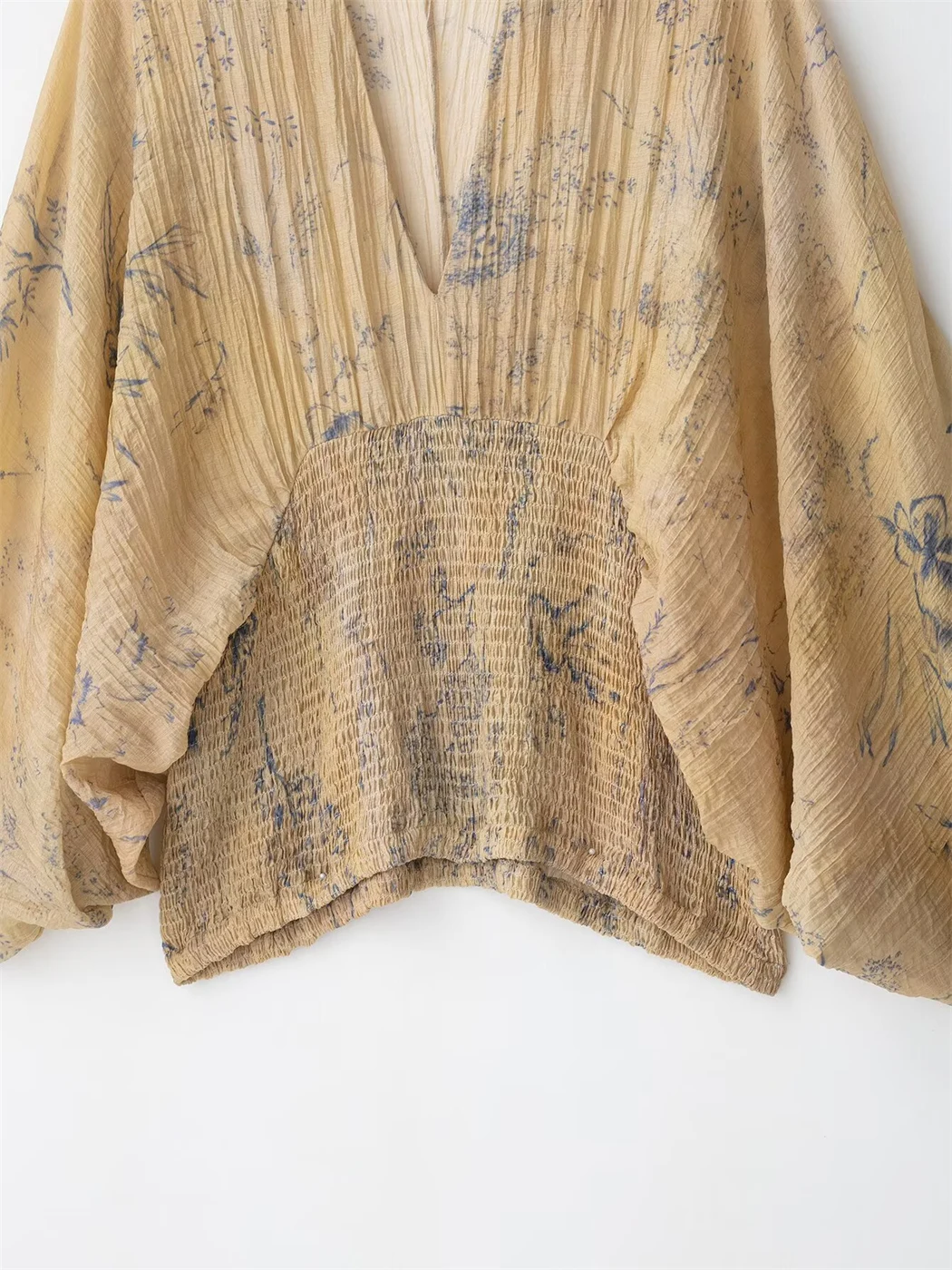 Top da donna estivo 2025 giallo a maniche lunghe con scollo a V stampato Top alla moda casual a vita larga