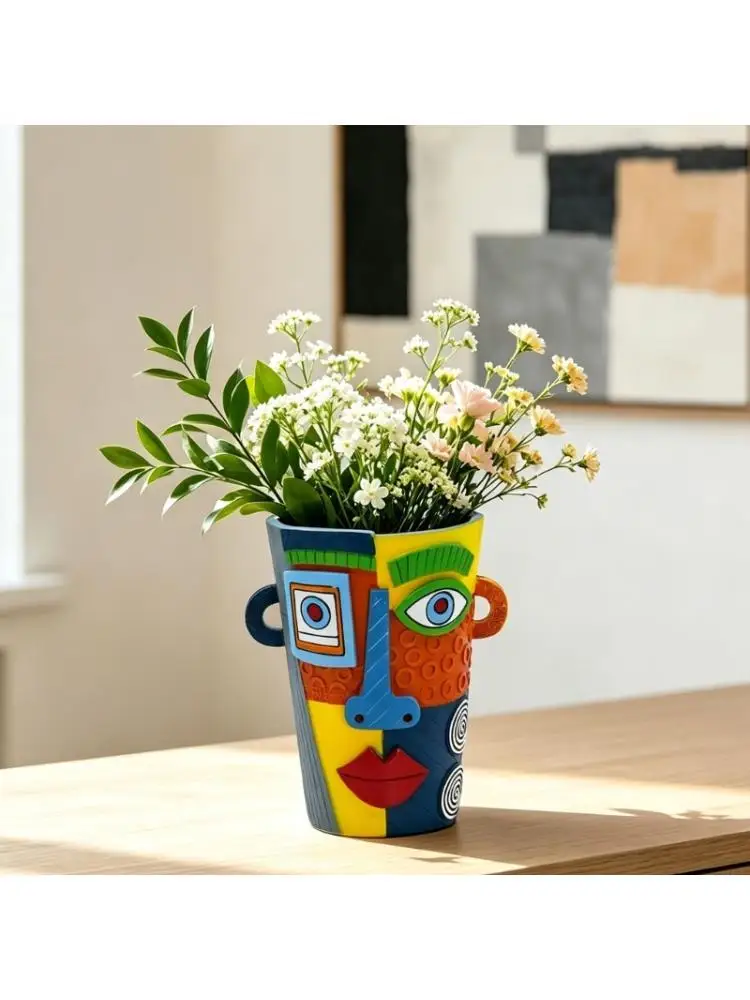 E8BD Patterned Face Flower Pot in Resin with Abstract Profile and Two Side Rings for Colorful Shelf, Tabletop, or Office Plant