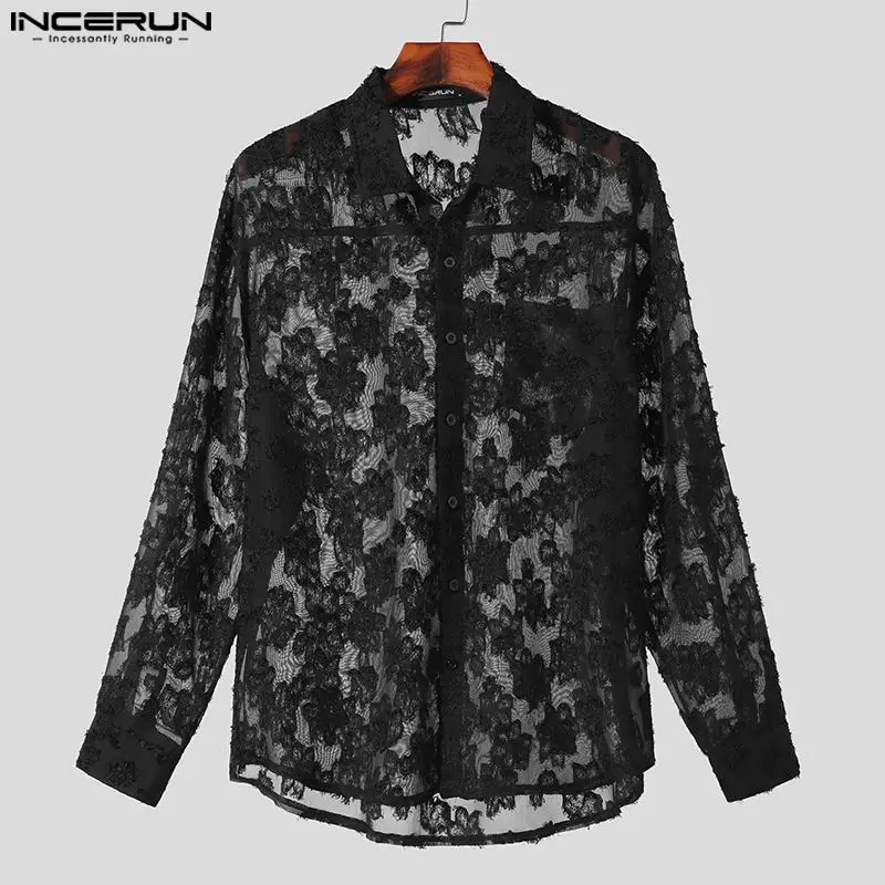 INCERUN Tops 2024 Handsome New Men\'s Perspective Solid Printed Tassels Design Shirts Casual Male Long Sleeved Lapel Blouse S-5XL