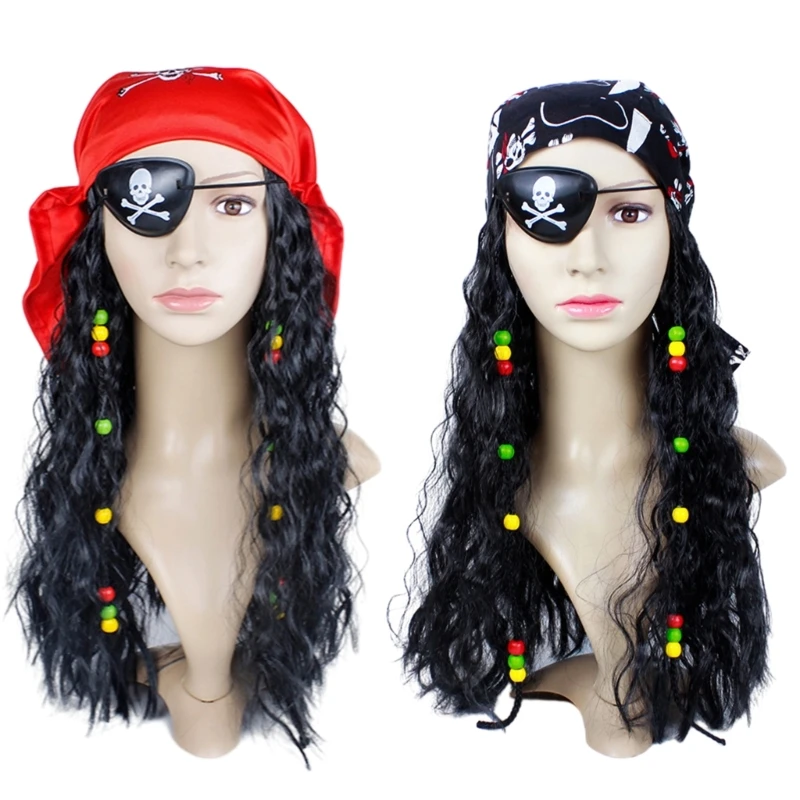 Perruque Pirate bouclée noire-Cosplay Costume Pirate avec d'écharpe cache-oeil pour hommes femmes accessoires