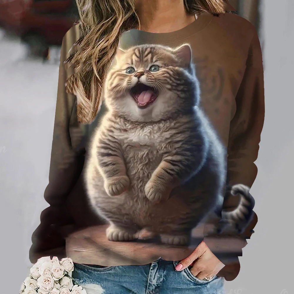 Fashion Cute Cat Sweatshirts Animal 3D Print Hoodies Women Casual Long Sleeve Y2k Hoodie Oversized Pullover Tops Female Clothing