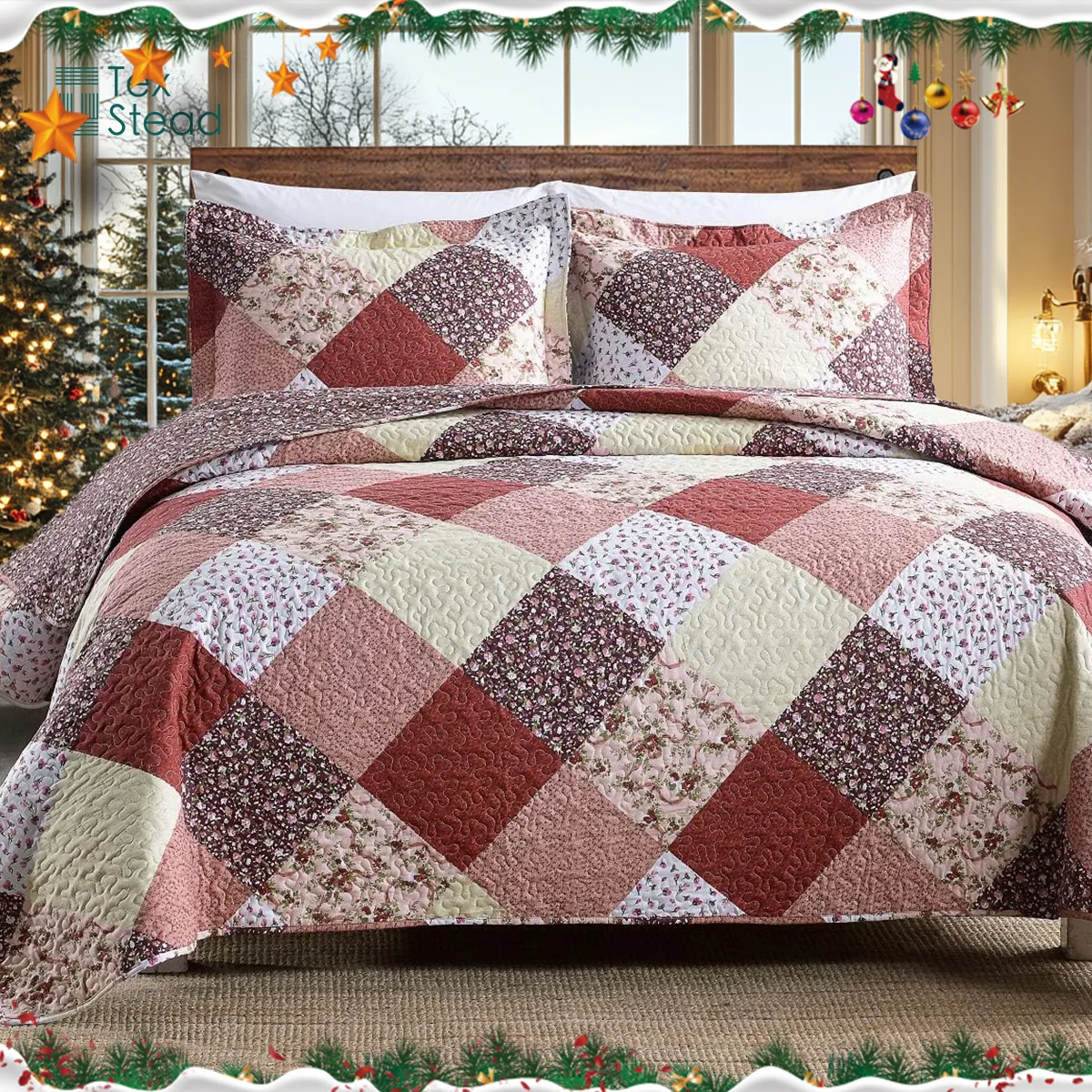 Texstead Christmas Multicolour Floral Patchwork Print Bedspread, Soft Microfiber Lightweight Quilt with Two Pillow Shams