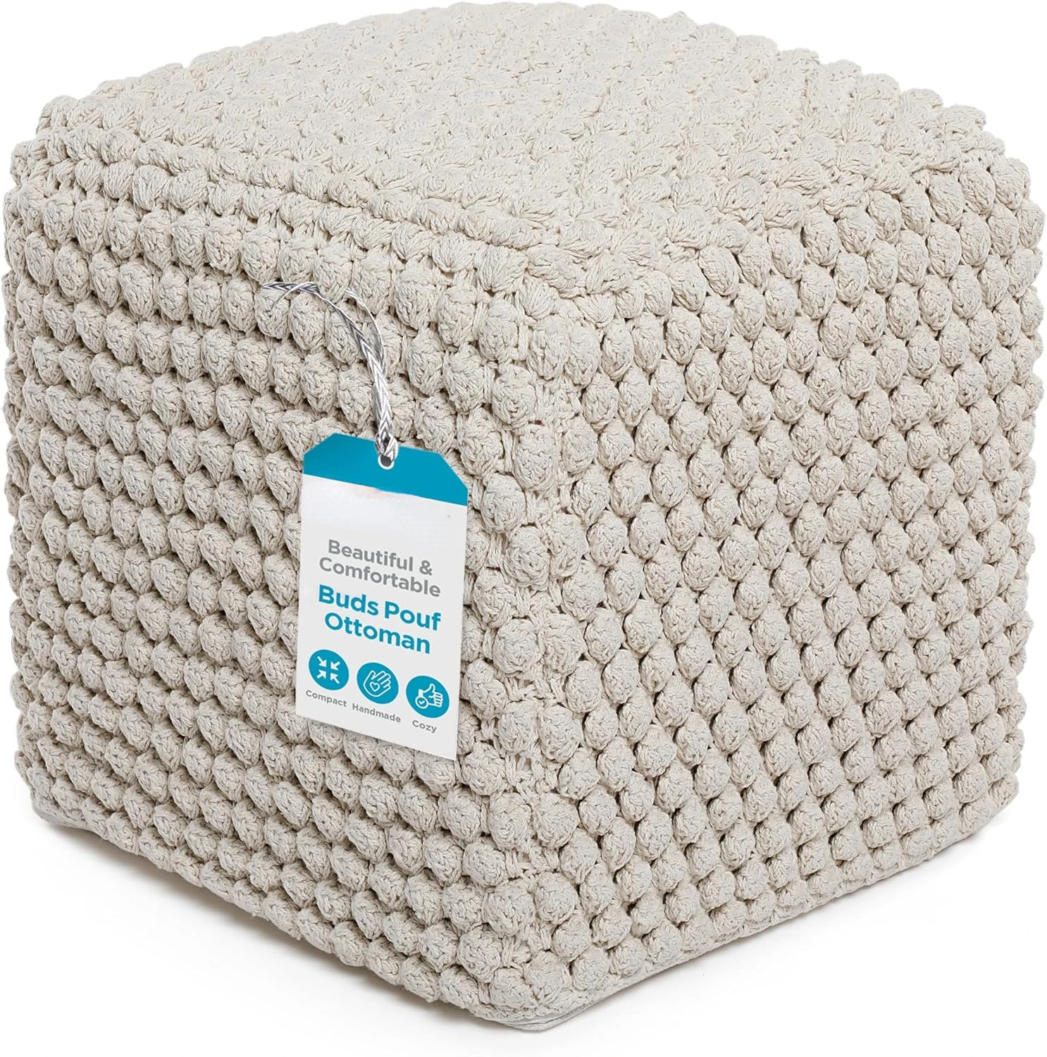 

Square Pouf Ottoman | Cotton Braided Foot Stool with Bean Bag Filling | Boho Foot Rest for Living Room, Bedroom