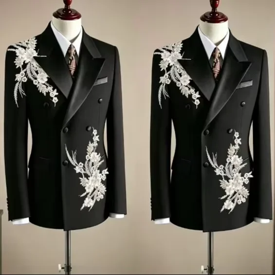 Elegant Men's Double Breasted Suit with Wide Peak Lapel Asymmetric Floral Thread Embroidery for Wedding Groom Ceremony Banquet