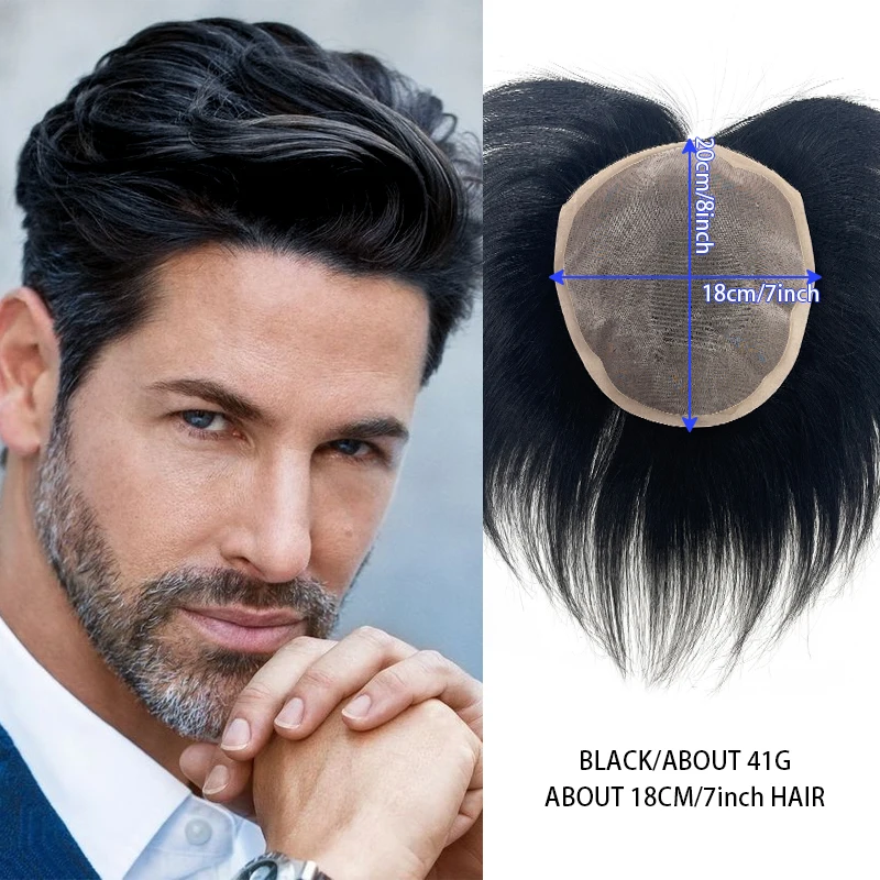 100% Human Hair Men Top Wig Make A Hairstyle At Will Natural Breathable Wig Thinning Hair Cover-Up Forehead Balding Concealment