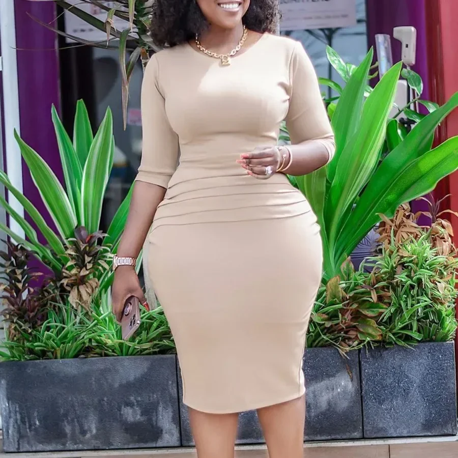 فساتين أفريقية مخصصة للنساء 2024 ملابس صيف أفريقيا 3/4 كم مثير رقبة دائرية منظور فستان نحيل حفلة مكتب سيدة